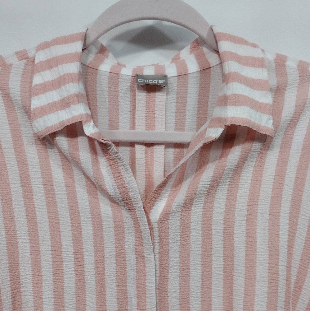 Chico's Striped Drama-Sleeve Shirt Women's L Pink White Strips Office Casual - Picture 3 of 9